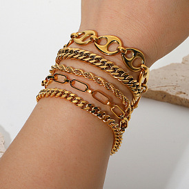 Hand Decorated Flat Snake Chain Stacked Miami Cuban Chain Bracelet 18K Gold Stainless Steel Bracelet Jewelry Women