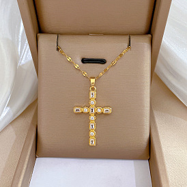 Titanium steel full diamond cross temperament zircon clavicle chain small retro titanium steel necklace