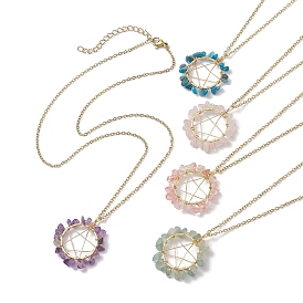 Star Natural & Synthetic Mixed Gemstone Chips Beaded Pendant Necklaces, with Golden Alloy Chains