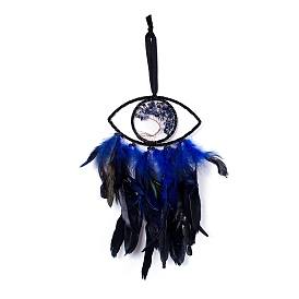 Handmade Eye & Tree of Life Woven Net/Web with Feather Wall Hanging Decoration, with Plastic Beads & Copper Wire & Sodalite Chip, for Home Offices Amulet Ornament
