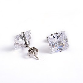 Square Cubic Zirconia Stud Earrings, with 304 Stainless Steel Pins