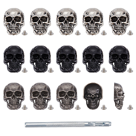 15шт. 3 цветные литые декоративные заклепки, с железным винтом, для поделок багажа и аппаратных принадлежностей, череп, с 1шт. высокоуглеродистой сталью пробойниками