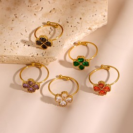 304 Кольца-манжеты из нержавеющей стали с кубическим цирконием для женщин, мучной лист клевер, ионное покрытие (ip), долговечный, реальный 18 k позолоченный