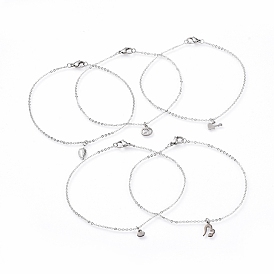 Soldered Brass Cable Chains Anklets, with 304 Stainless Steel Charms, Mixed Shapes