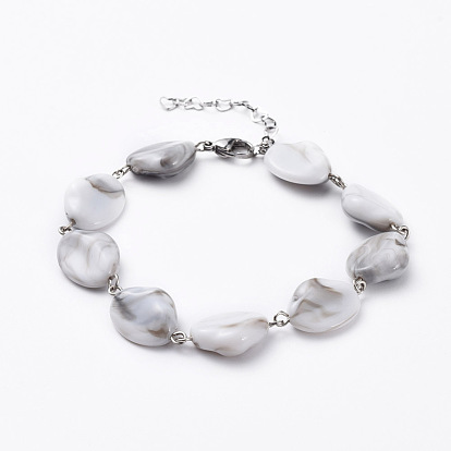 Acrylic Imitation Gemstone Style Beads Bracelets, with Iron Eye Pin, 304 Stainless Steel Heart Link Extender Chains and Lobster Claw Clasp