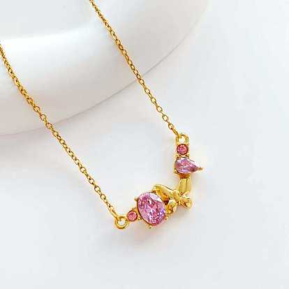 304 Stainless Steel Rhinestone Butterfly Pendant Necklaces for Women, Golden