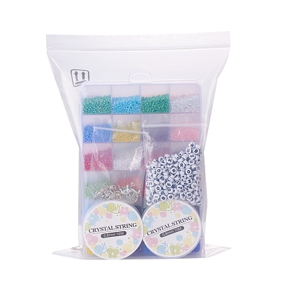 DIY Colorful Jewelry Kits for Children's Day, Including 48 Colors Glass Seed Beads, 250Pcs Alphabet Acrylic Beads, 2 Rolls Elastic Crystal Thread and 10Pcs Alloy Pendants