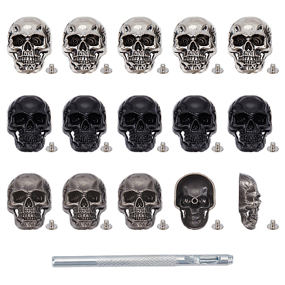 15шт. 3 цветные литые декоративные заклепки, с железным винтом, для поделок багажа и аппаратных принадлежностей, череп, с 1шт. высокоуглеродистой сталью пробойниками