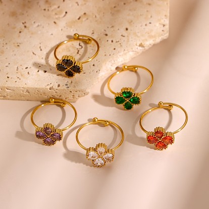 304 Кольца-манжеты из нержавеющей стали с кубическим цирконием для женщин, мучной лист клевер, ионное покрытие (ip), долговечный, реальный 18 k позолоченный