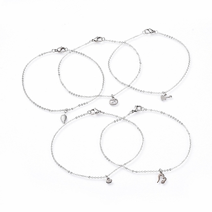 Soldered Brass Cable Chains Anklets, with 304 Stainless Steel Charms, Mixed Shapes