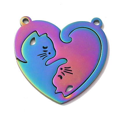 Ion Plating(IP) 304 Stainless Steel Split Pendants, Heart with Cat Charm