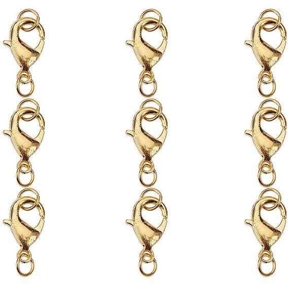 Карабин-лобстеры, латунные, с кольцами, без свинца и без никеля , 15x9 мм, отверстия: 4.8 мм, о 20шт / мешок, размер упаковки: 74x105 мм