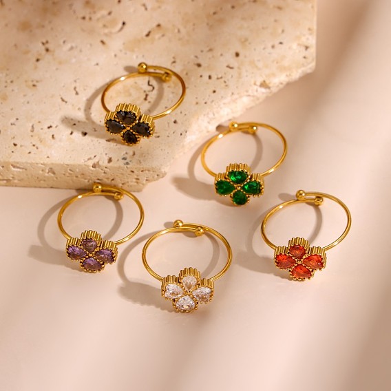 304 Кольца-манжеты из нержавеющей стали с кубическим цирконием для женщин, мучной лист клевер, ионное покрытие (ip), долговечный, реальный 18 k позолоченный