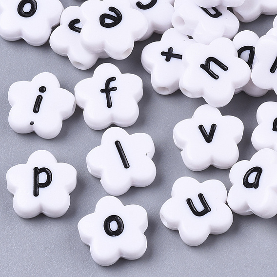 Opaque Spray Painted Acrylic Beads, Horizontal Hole, Flower with Letter