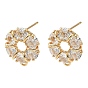 Плоские круглые латунные серьги-гвоздики с микропаве из прозрачных кубических цирконий, без никеля , с петлей