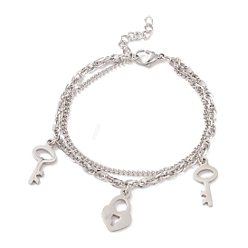 304 Stainless Steel Multi-strand Bracelet, Padlock and Skeleton Key Charm Bracelet for Women