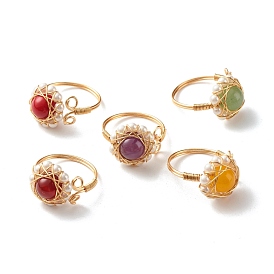 Перстни из натуральных смешанных драгоценных камней для девушек и женщин, кольцо с круглыми жемчужными бусинами, кольцо из латунной проволоки, золотые