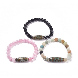 Natural Gemstone Beads Stretch Bracelets, with Natural Agate Tibetan Style dZi Beads