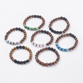 Natural Lava Rock & Coconut Stretch Bracelets, with Gemstone and Alloy Findings