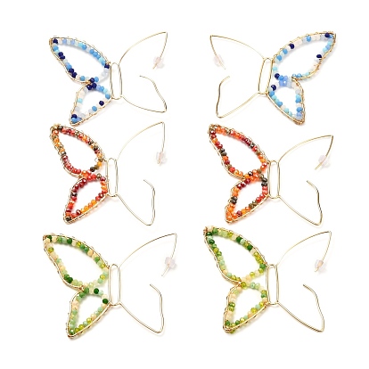Butterfly Glass Beads Dangle Earrings for Girl Women, Brass Wire Wrapped Earrings, Golden