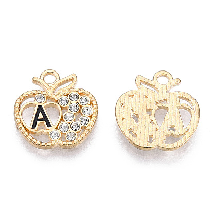 Alloy Enamel Pendants, with Crystal Rhinestone, Cadmium Free & Lead Free, Apple with Initial Letter, Light Gold