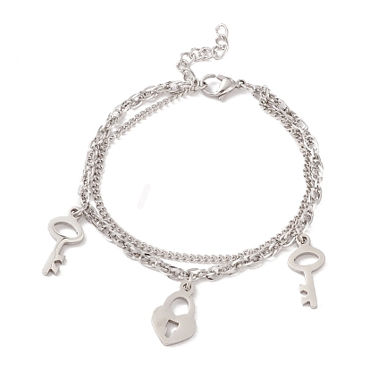 304 Stainless Steel Multi-strand Bracelet, Padlock and Skeleton Key Charm Bracelet for Women