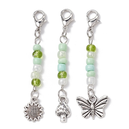 Pendentif en alliage décorations, avec perles de rocaille en verre et fermoirs mousquetons pivotants en alliage, champignon/fleur/papillon