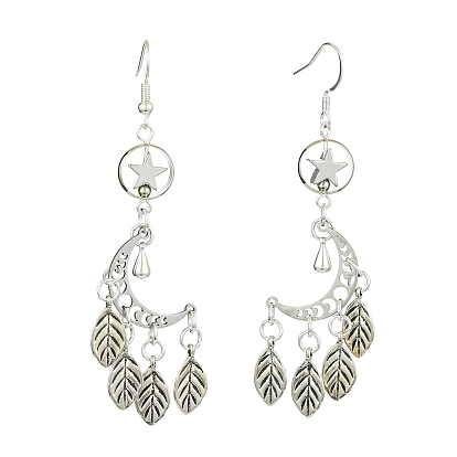 304 Stainless Steel & Tibetan Style Alloy Dangle Earrings, Moon