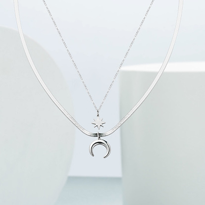 Double-layered Star and Moon Titanium Steel Pendant Snake Bone Necklace - Fashionable, Chic, Stainless Steel Neck Chain Accessory