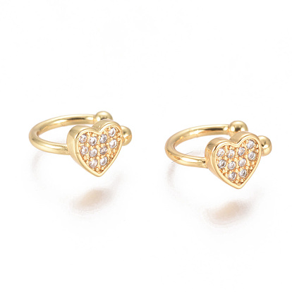 Golden Plated Brass Micro Pave Cubic Zirconia Cuff Earrings, Long-Lasting Plated, Heart