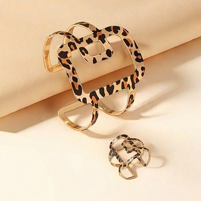 Прямоугольные браслеты-манжеты из сплава с леопардовым принтом и наборы колец-манжет