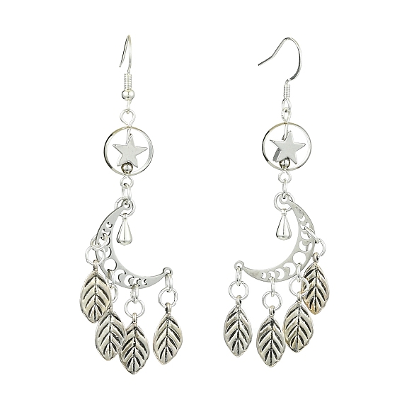 304 Stainless Steel & Tibetan Style Alloy Dangle Earrings, Moon