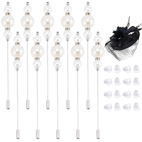 10Pcs Brass Brooches, with ABS Plastic Plastic Imitation Pearl and Rhinestone