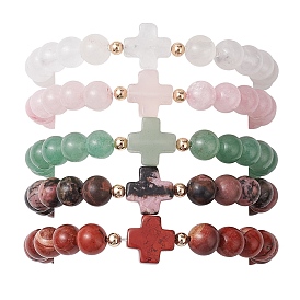 8mm Round & Cross Natural Mixed Gemstone Beaded Stretch Bracelets for Women