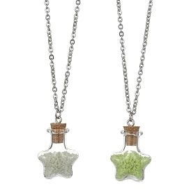 2Pcs 2 Color Luminous Glass Star Bottle Pendant Necklace, with 304 Stainless Steel Curb Chains