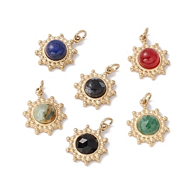 Natural Mixed Stone Charms, with Ion Plating(IP) Real 24K Gold Plated 304 Stainless Steel Findings, Faceted & Unfaceted, Flower