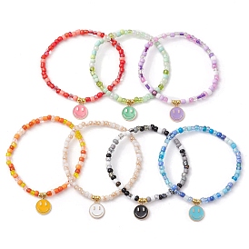 7Pcs Glass Seed Beads Stretch Bracelets, with Alloy Enamel Smiling Face Charms