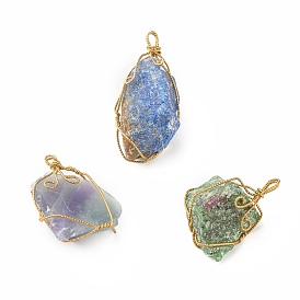 Rough Raw Natural Gemstone Pendants, with Golden Tone Brass Wire Wrapped, Nuggets