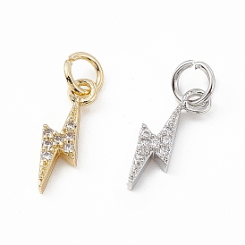 Brass Micro Pave Cubic Zirconia Charms, with Jump Ring, Lightning Bolt Charm