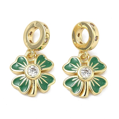 Подвеска-шарм в европейском стиле ко Дню Святого Патрика из латуни с прозрачными кубическими циркониями., с зеленой эмалью, подвески с большим отверстием в виде клевера, долговечный, стойки покрытие, без свинца и без кадмия