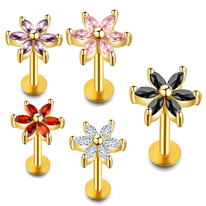 304 лабреты из нержавеющей стали с кубическим цирконием без резьбы, цветок