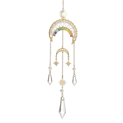 Atrapasueños de latón con estrellas y lunas y cuentas de vidrio de chakras arcoíris, Adornos cónicos para ventanas, prismas colgantes, atrapaluz, decoración