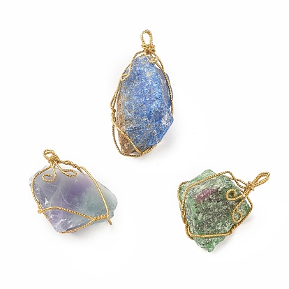 Rough Raw Natural Gemstone Pendants, with Golden Tone Brass Wire Wrapped, Nuggets