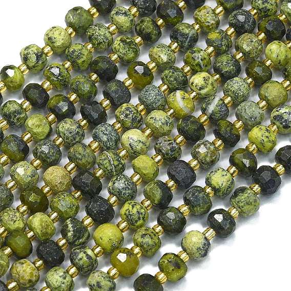 Бусы из натуральной желтой бирюзы (яшмы), с бисером, граненые, фонарь