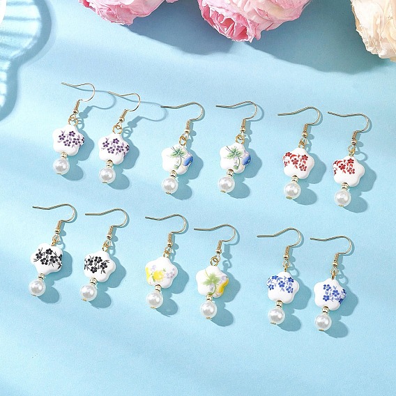 Круглые серьги-подвески в форме цветка из искусственного жемчуга и АБС-пластика, С 304 результатами из нержавеющей стали, золотые