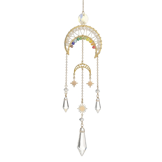 Star Moon Brass & Rainbow Chakra Glass Beads Suncatchers, Cone Charms Window Hanging Prism Light Catcher Decor