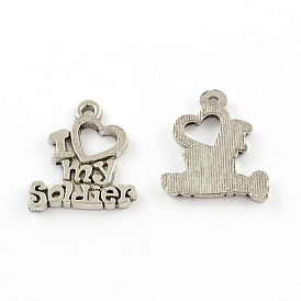 Tibetan Style Zinc Alloy Pendants, Phrase "I love my soldier", Lead Free & Cadmium Free, 20x17x1.5mm, Hole: 2mm, about 312pcs/500g