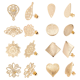 PANDAHALL ELITE 8 Pairs 8 Styles Brass Stud Earring Findings, with Ear Nuts, Mixed Shapes
