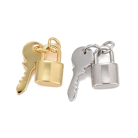 Rack Plating Brass Pendants, with Jump Rings, Long-Lasting Plated, Lead Free & Cadmium Free, Lock & Key