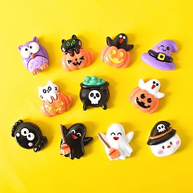 Halloween Opaque Resin Cabochons, Cat/Ghost/Pumpkin/Hat/Spider/Owl/Cauldron Pattern
